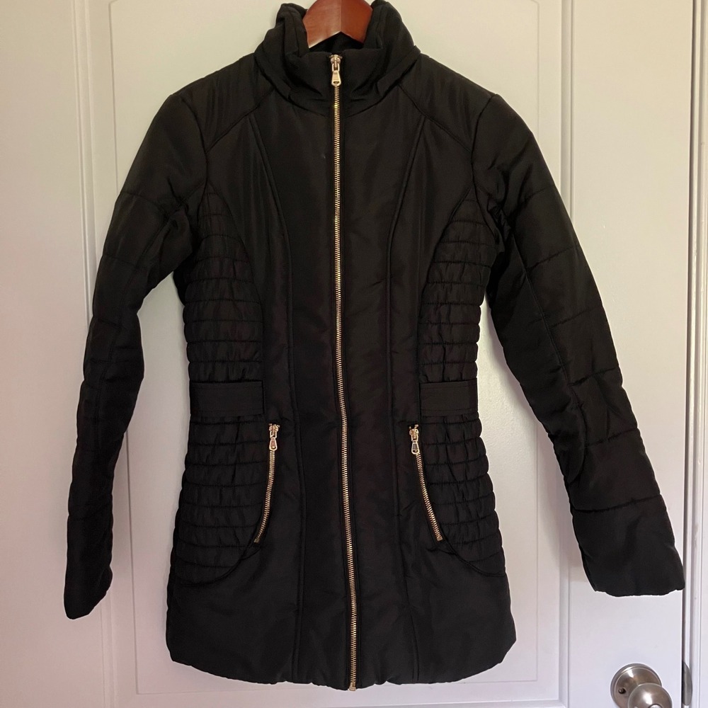 Celebrity Pink Womens Black Quilted Puffer Jacket Gold Zip XS CB95765